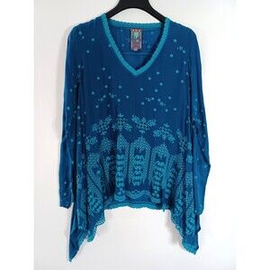 Johnny Was Vegan Silk Cupro Eyelet Sharkbite Tunic Top XS Teal Boho Relaxed